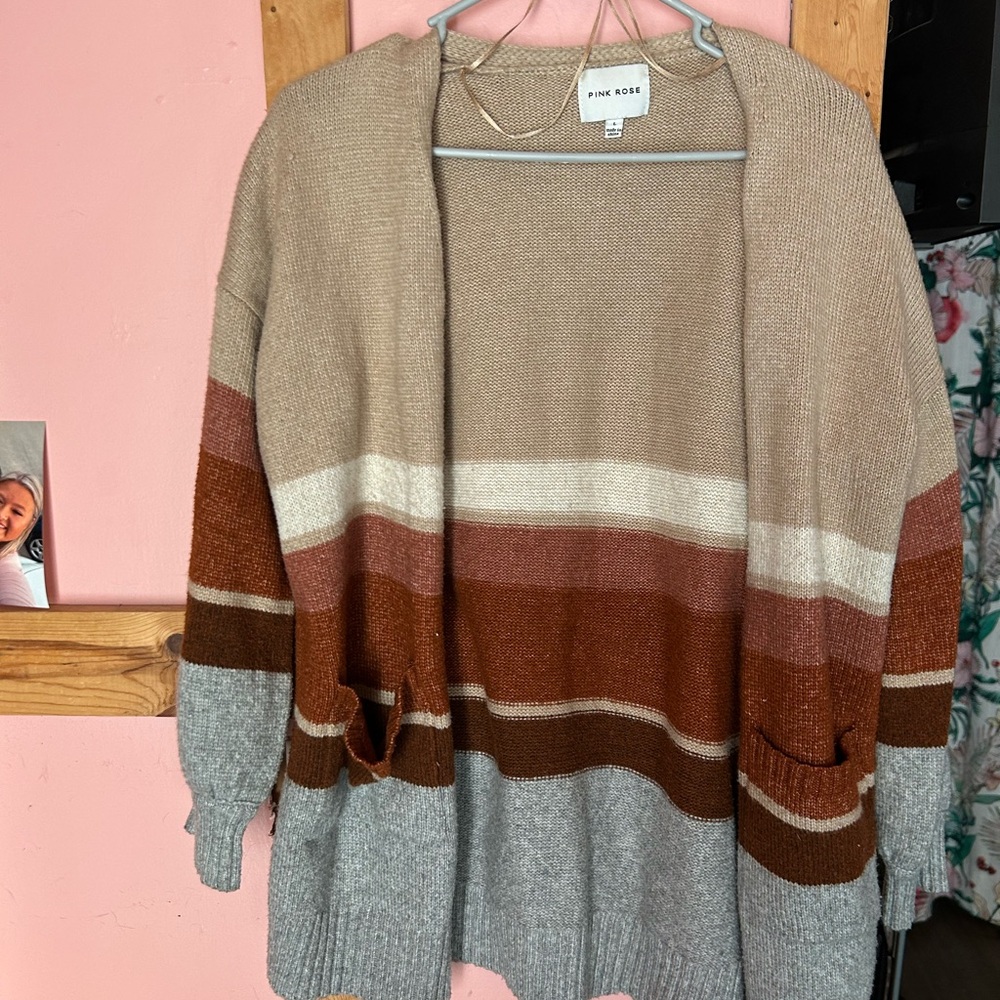 Pink Rose Striped Open-Front Cardigan in Taupe, Rust, Cream & Gray